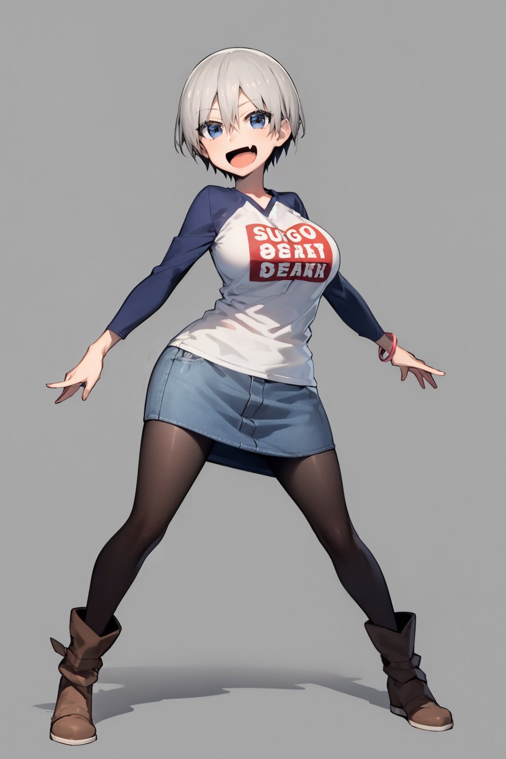 masterpiece, best quality, 1girl, uzaki hana, grey hair,  short hair, hair between eyes, bangs, blue eyes, skin fang, black pantyhose, boots, (bracelet:0.8), clothes writing, denim skirt, large breasts, long sleeves, open mouth, raglan sleeves, romaji text,smile, solo,  full body, looking at viewer, standing, contrapposto, simple background <lora:UzakiHana:1>