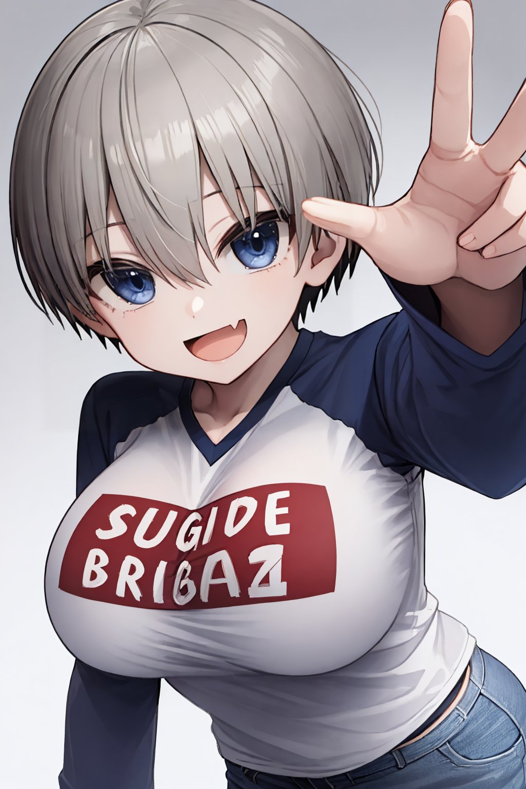 masterpiece, best quality, 1girl, uzaki hana, grey hair,  short hair, hair between eyes, bangs, blue eyes, skin fang, black pantyhose, boots, (bracelet:0.7), clothes writing, denim skirt, large breasts, long sleeves, open mouth, raglan sleeves, romaji text,smile, solo, upper body, reaching out, looking at viewer, simple background <lora:UzakiHana:1>