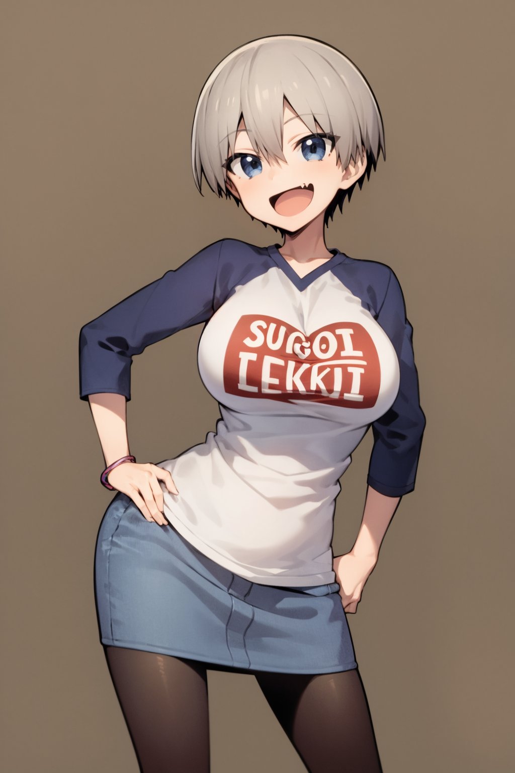 masterpiece, best quality, 1girl, uzaki hana, grey hair,  short hair, hair between eyes, bangs, blue eyes, skin fang, black pantyhose, boots, (bracelet:0.7), clothes writing, denim skirt, large breasts, long sleeves, open mouth, raglan sleeves, romaji text,smile, solo,  full body, looking at viewer, standing, contrapposto, simple background <lora:UzakiHana:1>