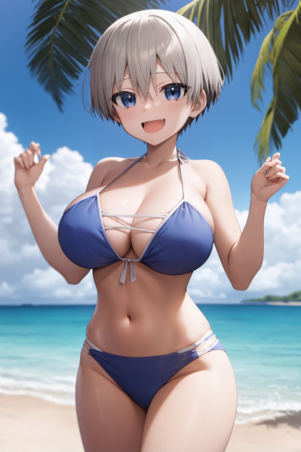 masterpiece, best quality, 1girl, uzaki hana, grey hair, short hair, hair between eyes, bangs, blue eyes, skin fang,  bikini, large breasts,smile, solo, looking at viewer, sea, sand, blue sky, tropical island background <lora:UzakiHana:1>