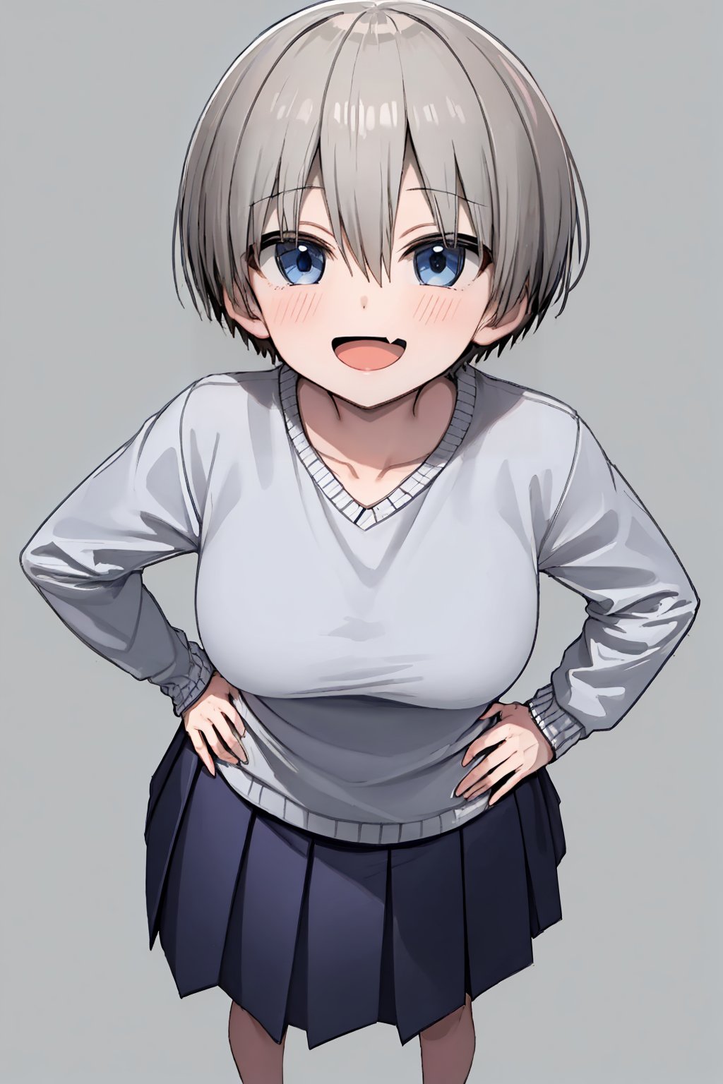 masterpiece, best quality, 1girl, uzaki hana, grey hair, short hair, hair between eyes, bangs, blue eyes, skin fang,blue skirt, collarbone, sweater, long sleeves, pleated skirt,open mouth, smile, blush, full body, standing, hands on hips, solo, looking at viewer, (simple background, solid grey background) <lora:UzakiHana:1>