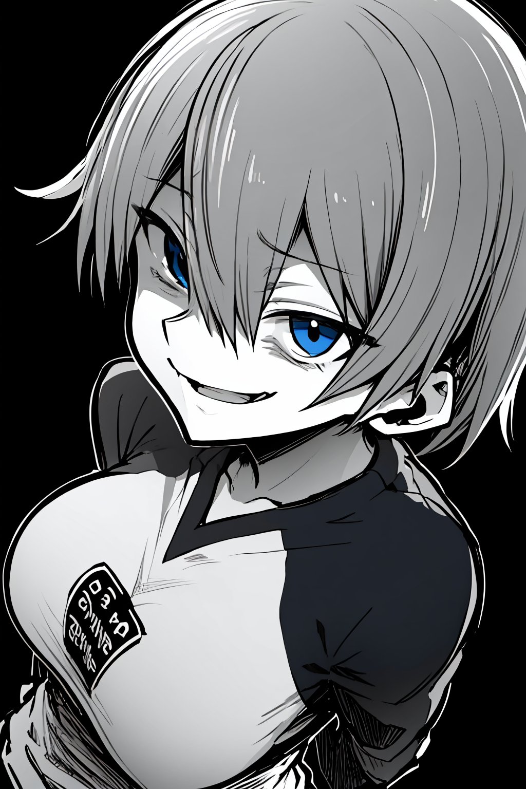 masterpiece, best quality, monochrome, greyscale, ebiblue, gesugao, 1girl, grey hair, short hair, hair between eyes, bangs, (blue eyes), (glowing eyes:0.5), skin fang, clothes writing, large breasts, long sleeves, raglan sleeves, arms behind back,smile, solo, sketch, looking at viewer, black background <lora:Ebiblue:1> <lora:UzakiHana:1>