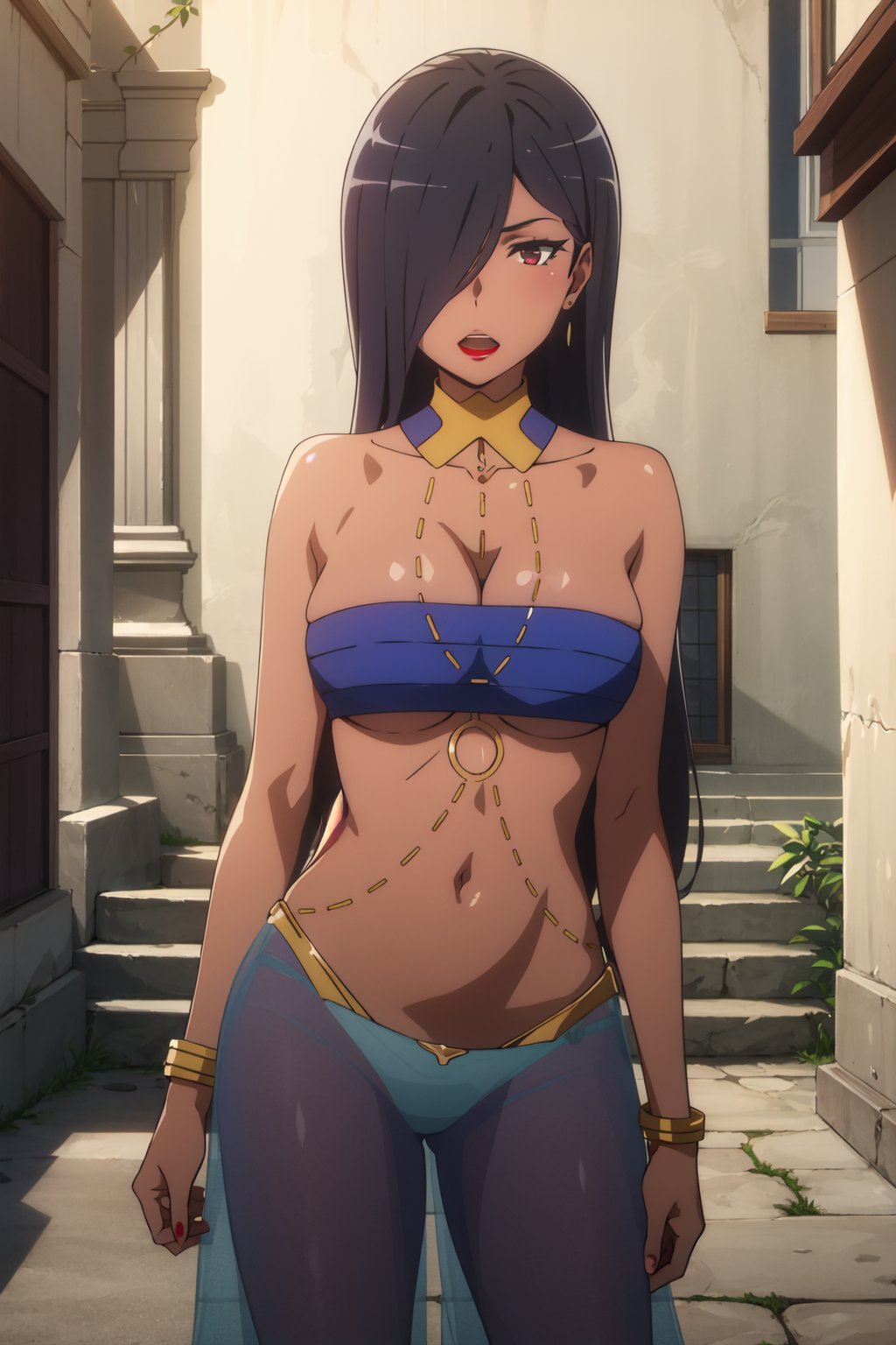 <lora:anime_screencap_v2:0.3> tall body, tall, long legs, mature female, mature, adult, <lora:GoodHands-beta2:1.4>, <lora:eft_danmachi_tan:0.8> , eft_danmachi_tan, 1girl, long hair, breasts, see-through, jewelry, bracelet, dark skin, navel, lipstick, bandeau, underwear, black hair, panties, underboob, pants, makeup, dark-skinned female, hair over one eye, medium breasts, day, solo, standing, outdoors, open mouth, strapless, tube top, cleavage, sky, red lips, midriff, bare shoulders, choker, looking to the side, solo focus, large breasts, arabian clothes, very long hair