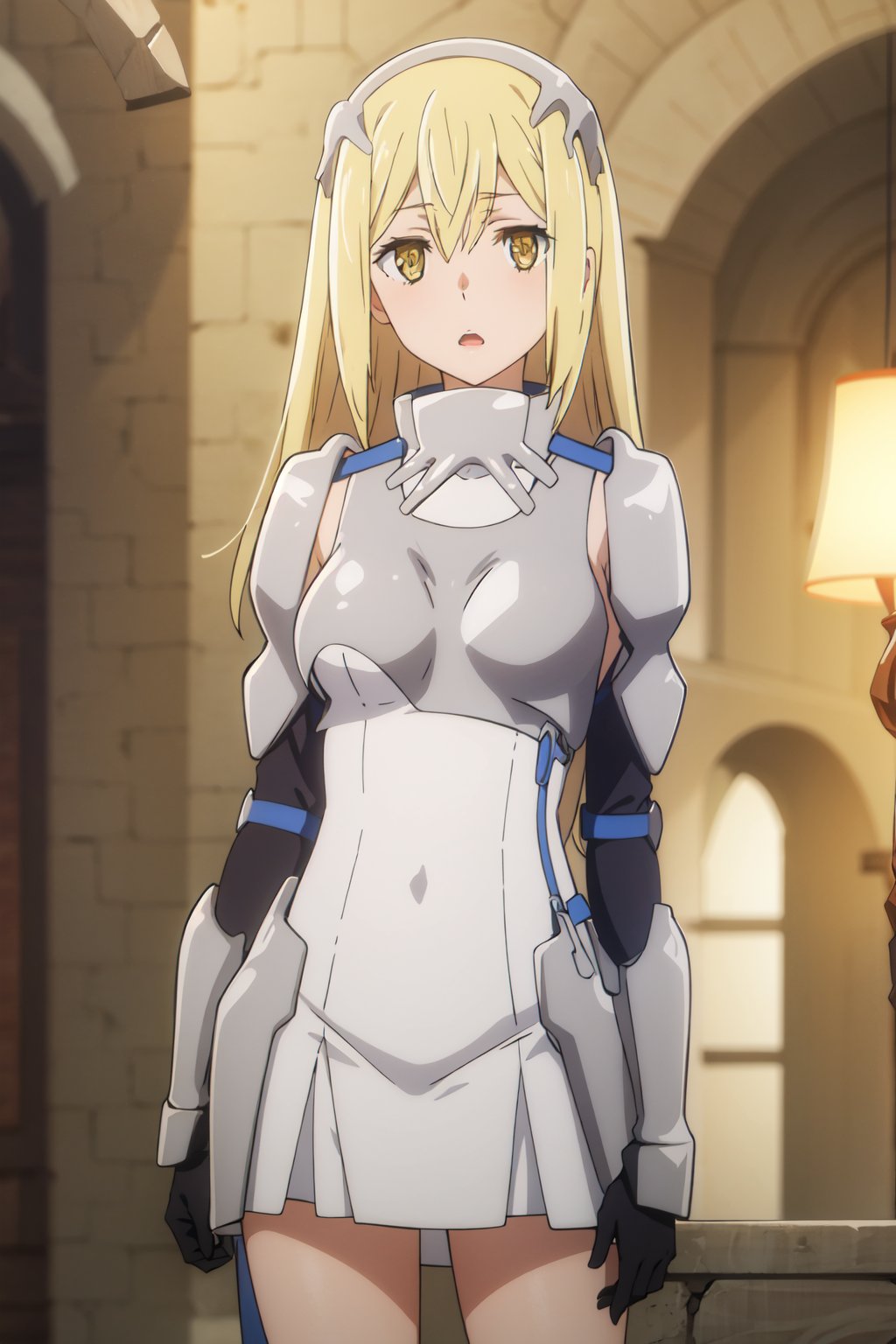 <lora:anime_screencap_v2:0.3> tall body, tall, long legs, mature female, mature, adult, <lora:GoodHands-beta2:1.4>, <lora:eft_danmachi_aiz:0.8> eft_danmachi_aiz, 1girl, blonde hair, solo, yellow eyes, long hair, armor, looking at viewer, gloves, open mouth, upper body, blurry, hair between eyes, breastplate, anime coloring, parody, bangs