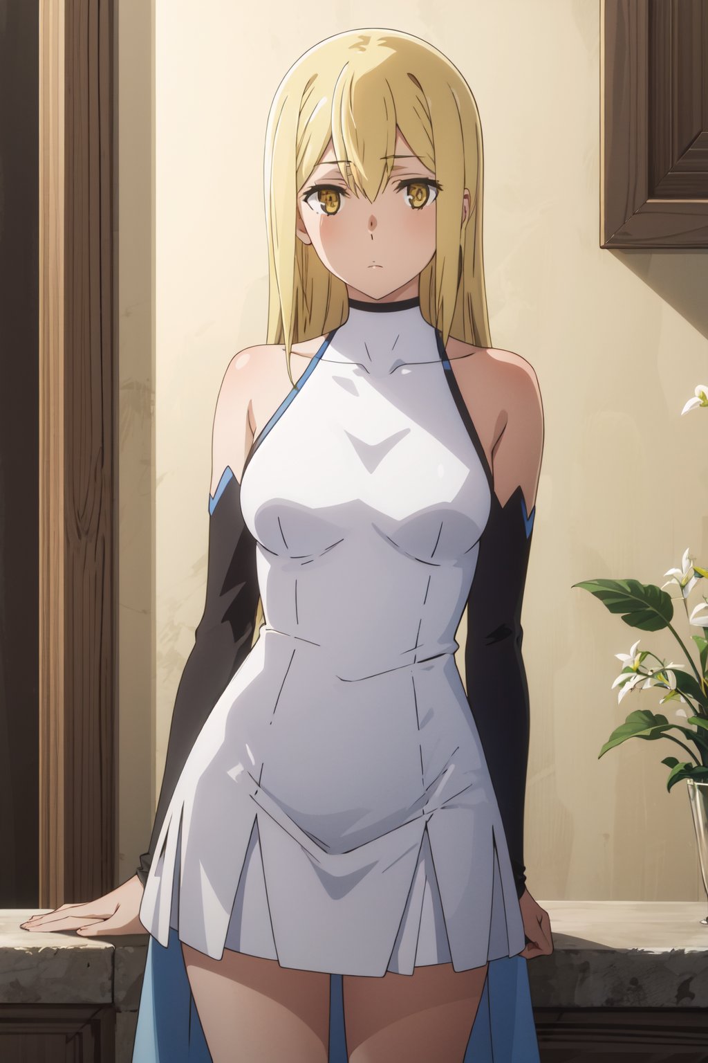 <lora:anime_screencap_v2:0.3> tall body, tall, long legs, mature female, mature, adult, <lora:GoodHands-beta2:1.4>, <lora:eft_danmachi_aiz:0.8> eft_danmachi_aiz, 1girl, solo, long hair, blonde hair, yellow eyes, breasts, bare shoulders, upper body, looking to the side, sleeveless, anime coloring, medium breasts, hair between eyes, closed mouth, looking at viewer, expressionless, collarbone, dress, white skirt