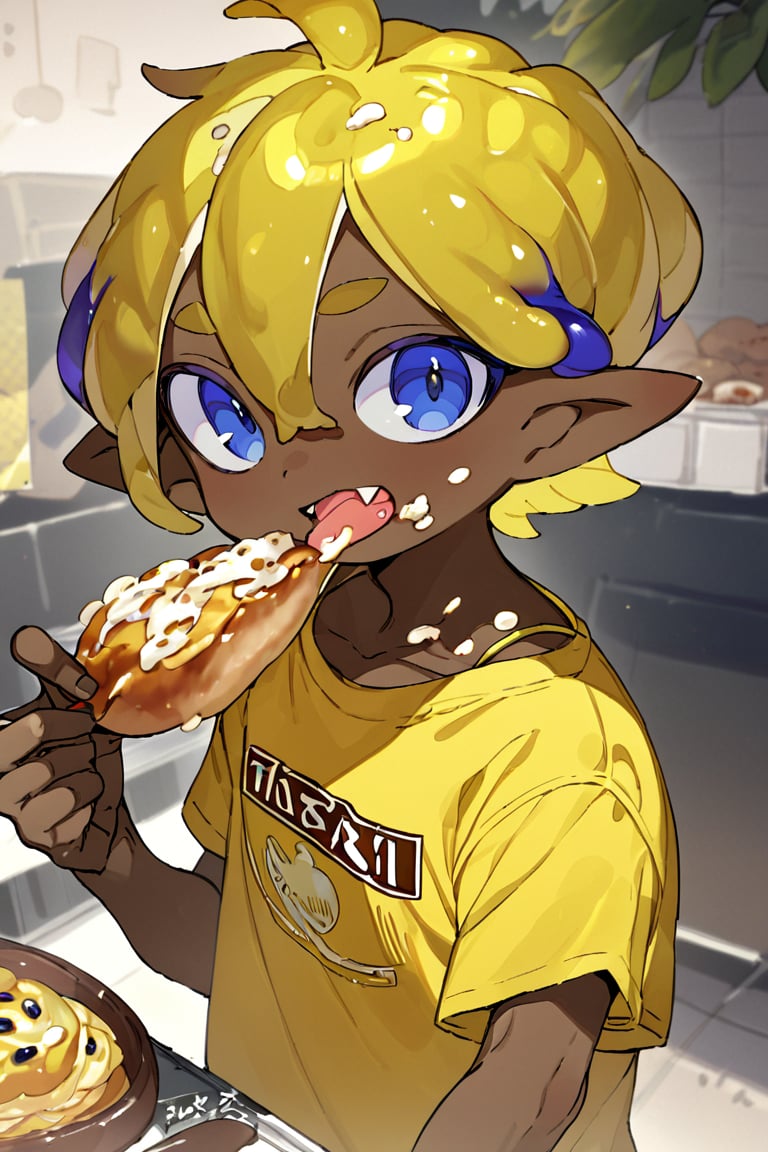 masterpiece, solo,looking at viewer,open mouth,blue eyes,blonde hair,shirt,1boy,holding,upper body,short sleeves,male focus,multicolored hair,food,pointy ears,fang,hand up,dark skin,eating,dark-skinned male,holding food,t-shirt,yellow shirt,tentacle hair,food on face,inkling,inkling boy
