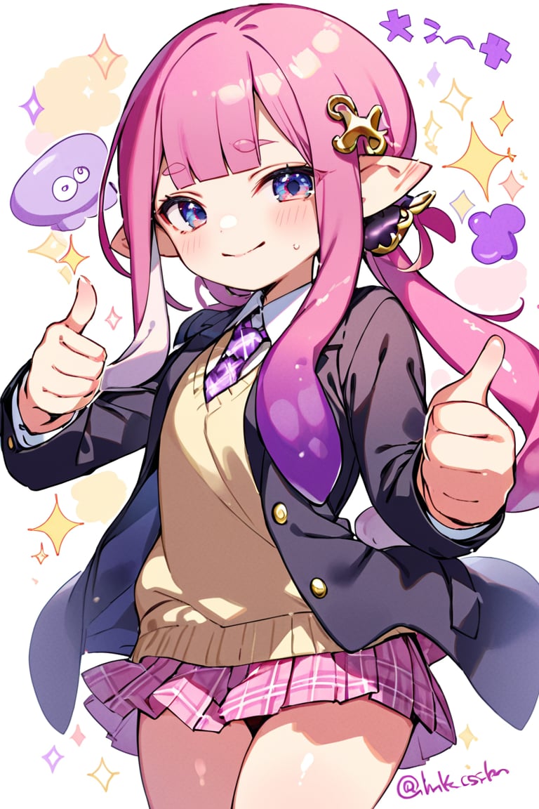 masterpiece, 1girl,solo,long hair,looking at viewer,blush,smile,bangs,skirt,shirt,hair ornament,long sleeves,closed mouth,school uniform,purple eyes,jacket,white shirt,pink hair,purple hair,pleated skirt,open clothes,necktie,pointy ears,collared shirt,artist name,miniskirt,blunt bangs,pink eyes,sweater,open jacket,black jacket,plaid,sparkle,plaid skirt,blazer,pink skirt,sweater vest,tentacle hair,thumbs up,pink necktie,purple necktie,plaid necktie,inkling,inkling girl
