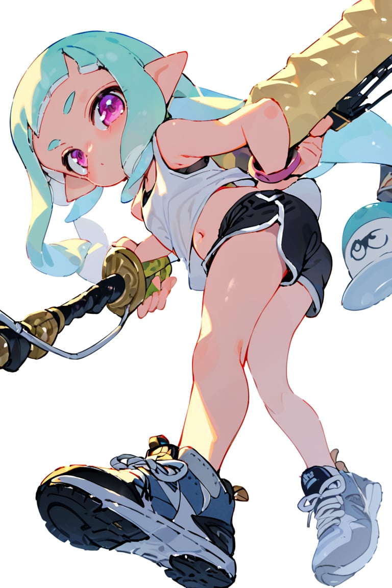 masterpiece, 1girl,solo,long hair,looking at viewer,bangs,simple background,shirt,white background,navel,holding,closed mouth,blue hair,purple eyes,weapon,shoes,shorts,pointy ears,pink eyes,holding weapon,short shorts,aqua hair,black shorts,from below,tank top,wristband,sneakers,tentacle hair,dolphin shorts,inkling,inkling girl
