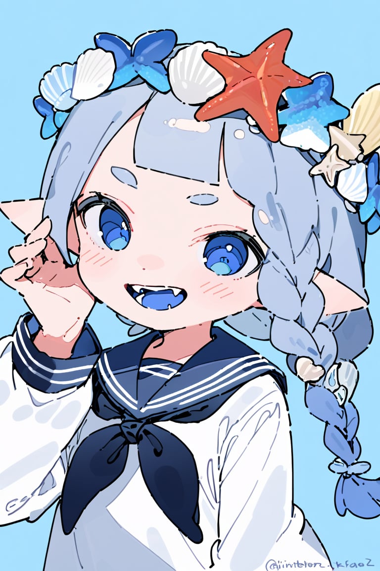 masterpiece, 1girl,solo,long hair,blush,smile,open mouth,bangs,blue eyes,simple background,shirt,long sleeves,school uniform,white shirt,upper body,braid,serafuku,pointy ears,hand up,sailor collar,twitter username,neckerchief,single braid,fangs,blue background,tentacle hair,head wreath,black neckerchief,shell,starfish,seashell,colored tongue,blue tongue,shell hair ornament,inkling,inkling girl
