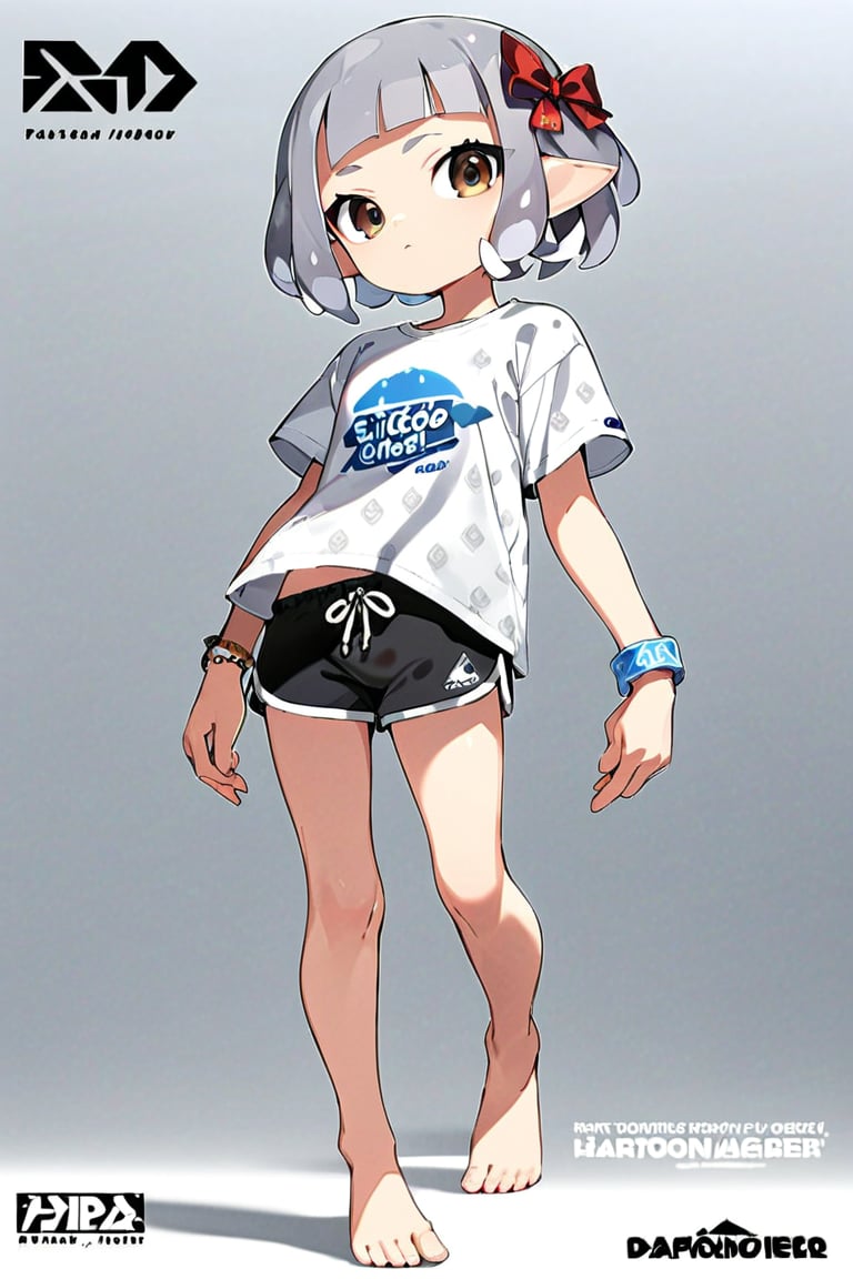 masterpiece, 1girl,solo,looking at viewer,short hair,bangs,simple background,shirt,white background,bow,brown eyes,jewelry,closed mouth,full body,white shirt,hair bow,grey hair,shorts,barefoot,pointy ears,blunt bangs,red bow,bracelet,english text,short shorts,copyright name,black shorts,tank top,wristband,tentacle hair,logo,print shirt,dolphin shorts,inkling,inkling girl
