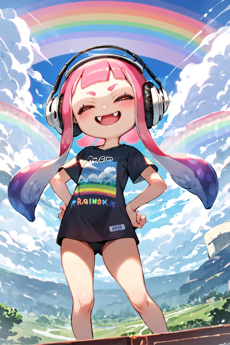 masterpiece, 1girl,solo,long hair,smile,open mouth,bangs,shirt,closed eyes,pink hair,short sleeves,cowboy shot,sky,day,cloud,blunt bangs,blue sky,black shirt,^_^,headphones,fangs,t-shirt,clothes writing,hands on hips,tentacle hair,rainbow,inkling,inkling girl
