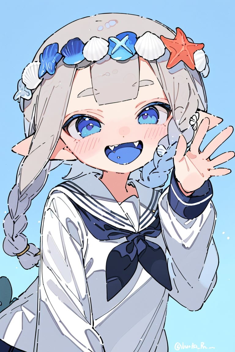 masterpiece, 1girl,solo,long hair,blush,smile,open mouth,bangs,blue eyes,simple background,shirt,long sleeves,school uniform,white shirt,upper body,braid,serafuku,pointy ears,hand up,sailor collar,twitter username,neckerchief,single braid,fangs,blue background,tentacle hair,head wreath,black neckerchief,shell,starfish,seashell,colored tongue,blue tongue,shell hair ornament,inkling,inkling girl
