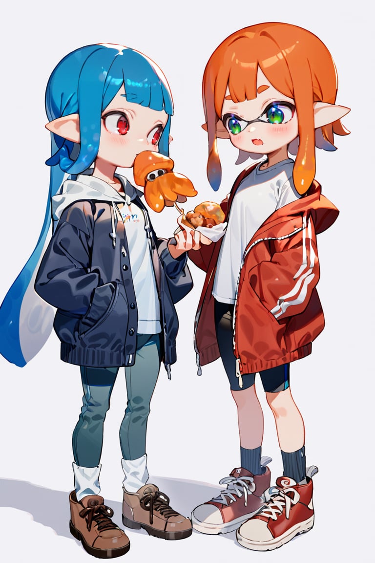 masterpiece, long hair,open mouth,bangs,multiple girls,simple background,shirt,red eyes,long sleeves,white background,holding,2girls,closed mouth,green eyes,blue hair,standing,jacket,full body,white shirt,food,open clothes,shoes,pointy ears,socks,pants,hood,blunt bangs,orange hair,looking at another,hoodie,brown footwear,eating,hood down,holding food,red footwear,sneakers,tentacle hair,drawstring,squid,inkling,inkling girl
