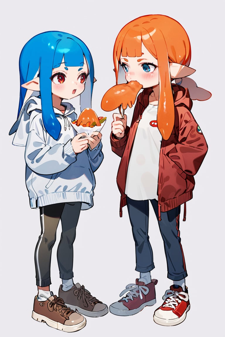 masterpiece, long hair,open mouth,bangs,multiple girls,simple background,shirt,red eyes,long sleeves,white background,holding,2girls,closed mouth,green eyes,blue hair,standing,jacket,full body,white shirt,food,open clothes,shoes,pointy ears,socks,pants,hood,blunt bangs,orange hair,looking at another,hoodie,brown footwear,eating,hood down,holding food,red footwear,sneakers,tentacle hair,drawstring,squid,inkling,inkling girl
