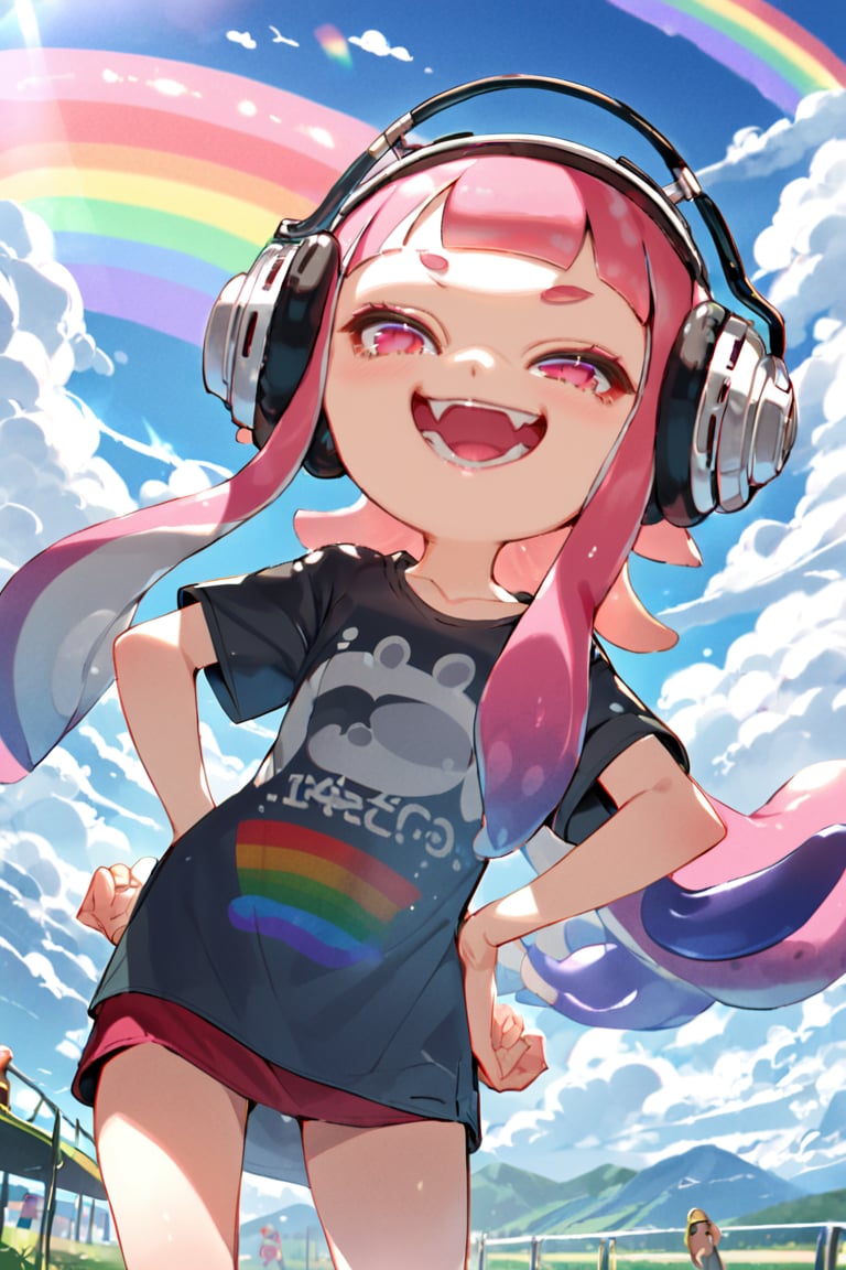 masterpiece, masquerade_mask, 1girl,solo,long hair,smile,open mouth,bangs,shirt,closed eyes,pink hair,short sleeves,cowboy shot,sky,day,cloud,blunt bangs,blue sky,black shirt,^_^,headphones,fangs,t-shirt,clothes writing,hands on hips,tentacle hair,rainbow,inkling,inkling girl
