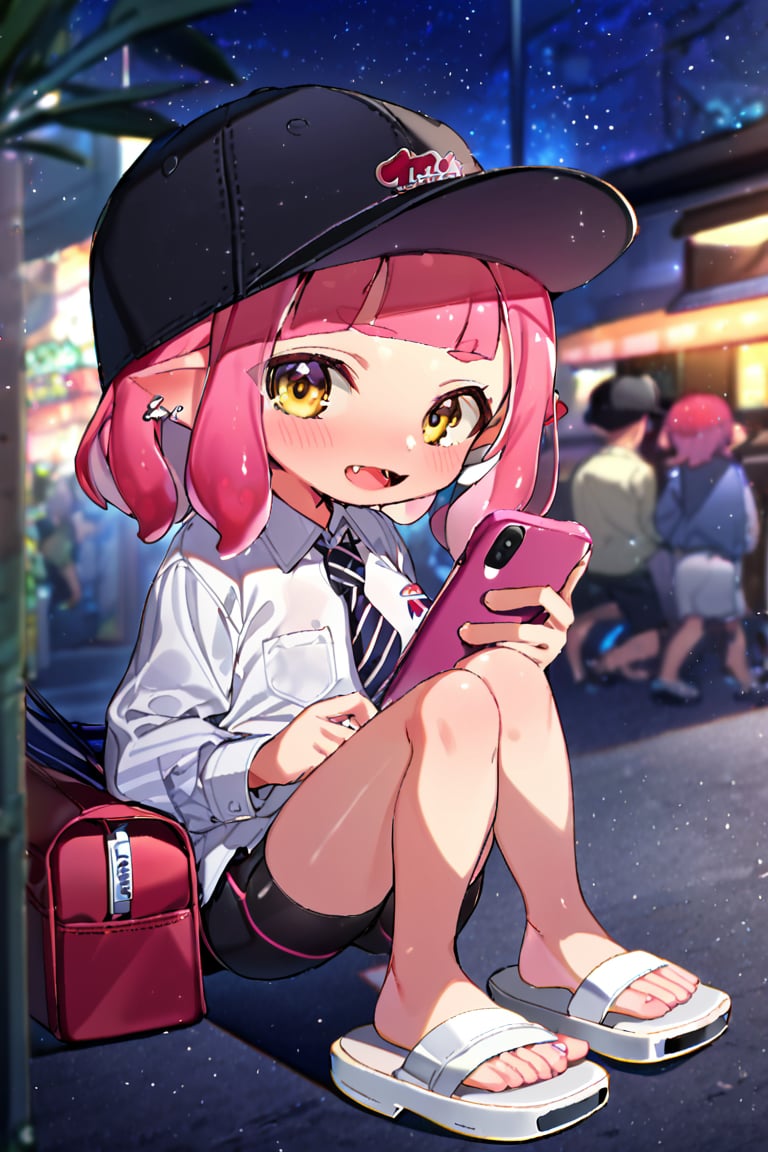 masterpiece, 1girl,looking at viewer,blush,short hair,open mouth,bangs,shirt,long sleeves,hat,holding,sitting,yellow eyes,white shirt,pink hair,red hair,outdoors,necktie,shoes,shorts,solo focus,pointy ears,fang,striped,collared shirt,blunt bangs,medium hair,bag,blurry,short shorts,black headwear,night,depth of field,phone,black shorts,sandals,white footwear,cellphone,bike shorts,star (sky),night sky,baseball cap,black necktie,smartphone,holding phone,pocket,blurry foreground,tentacle hair,breast pocket,striped necktie,inkling,inkling girl
