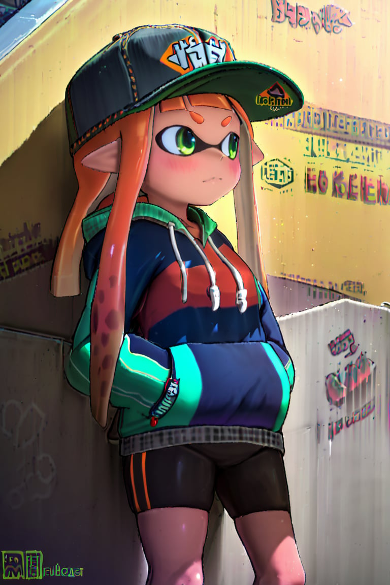 masterpiece, 1girl,solo,long hair,long sleeves,hat,closed mouth,green eyes,standing,cowboy shot,outdoors,shorts,day,pointy ears,signature,hood,blunt bangs,orange hair,from side,short shorts,black headwear,hoodie,shadow,black shorts,hood down,bike shorts,baseball cap,tentacle hair,stairs,hands in pockets,drawstring,logo,shade,against wall,wall,graffiti,inkling,inkling girl
