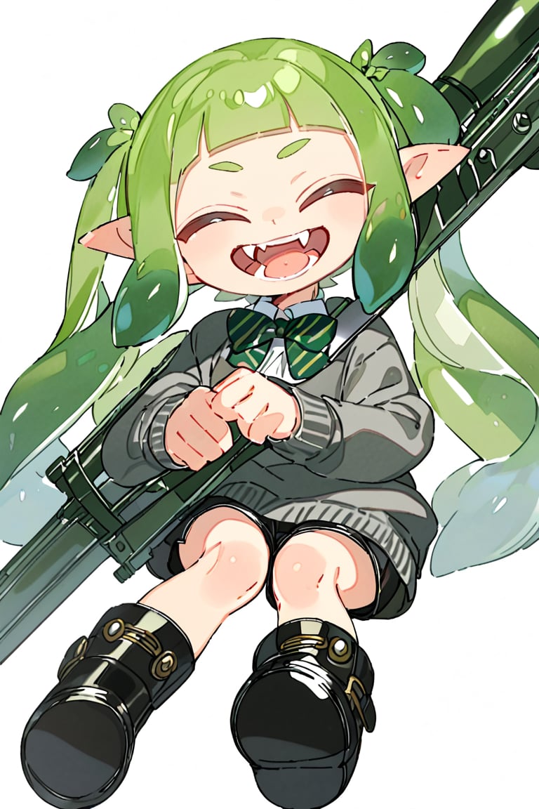 masterpiece, 1girl,solo,long hair,smile,open mouth,bangs,skirt,simple background,shirt,long sleeves,white background,bow,holding,twintails,sitting,very long hair,full body,closed eyes,weapon,boots,green hair,shoes,shorts,pointy ears,striped,bowtie,black footwear,holding weapon,sweater,gun,fangs,black shorts,facing viewer,green bow,striped bow,tentacle hair,grey sweater,striped bowtie,green bowtie,inkling,inkling girl
