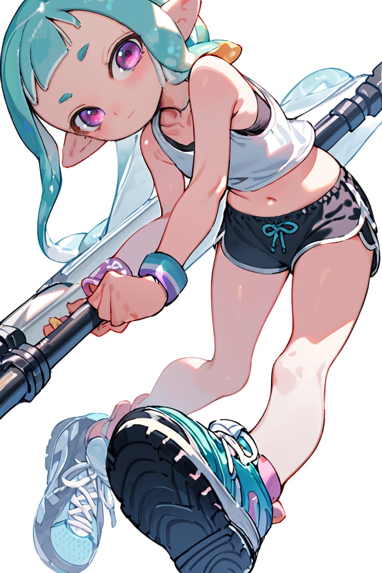 masterpiece, 1girl,solo,long hair,looking at viewer,bangs,simple background,shirt,white background,navel,holding,closed mouth,blue hair,purple eyes,weapon,shoes,shorts,pointy ears,pink eyes,holding weapon,short shorts,aqua hair,black shorts,from below,tank top,wristband,sneakers,tentacle hair,dolphin shorts,inkling,inkling girl
