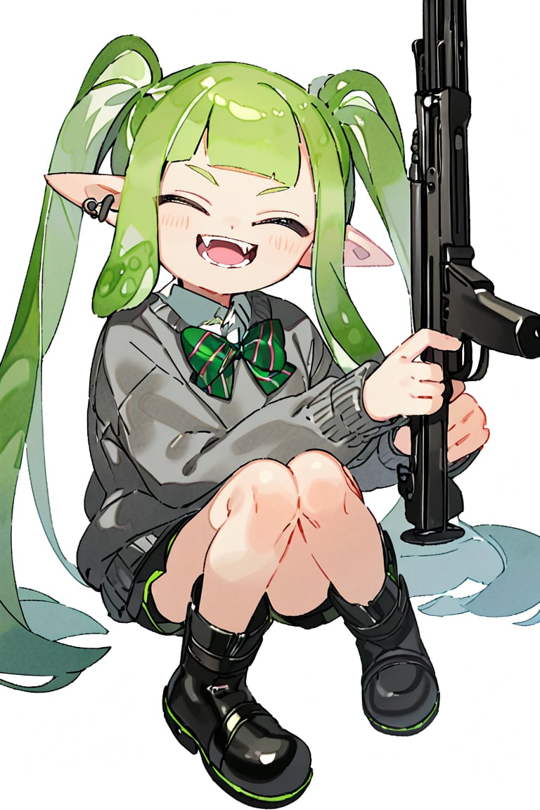 masterpiece, 1girl,solo,long hair,smile,open mouth,bangs,skirt,simple background,shirt,long sleeves,white background,bow,holding,twintails,sitting,very long hair,full body,closed eyes,weapon,boots,green hair,shoes,shorts,pointy ears,striped,bowtie,black footwear,holding weapon,sweater,gun,fangs,black shorts,facing viewer,green bow,striped bow,tentacle hair,grey sweater,striped bowtie,green bowtie,inkling,inkling girl
