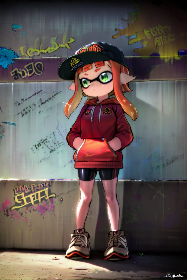 masterpiece, 1girl,solo,long hair,long sleeves,hat,closed mouth,green eyes,standing,cowboy shot,outdoors,shorts,day,pointy ears,signature,hood,blunt bangs,orange hair,from side,short shorts,black headwear,hoodie,shadow,black shorts,hood down,bike shorts,baseball cap,tentacle hair,stairs,hands in pockets,drawstring,logo,shade,against wall,wall,graffiti,inkling,inkling girl
