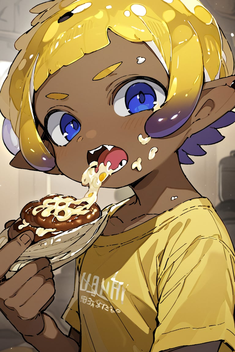 masterpiece, solo,looking at viewer,open mouth,blue eyes,blonde hair,shirt,1boy,holding,upper body,short sleeves,male focus,multicolored hair,food,pointy ears,fang,hand up,dark skin,eating,dark-skinned male,holding food,t-shirt,yellow shirt,tentacle hair,food on face,inkling,inkling boy
