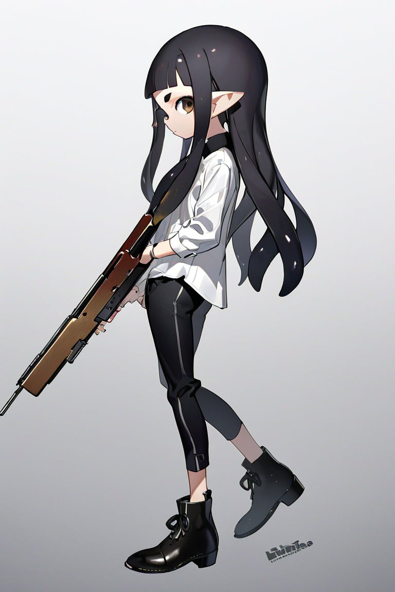 masterpiece, 1girl,solo,long hair,looking at viewer,bangs,simple background,shirt,black hair,long sleeves,white background,holding,brown eyes,closed mouth,standing,full body,white shirt,weapon,boots,pointy ears,collared shirt,pants,blunt bangs,black footwear,holding weapon,from side,black shirt,black pants,tentacle hair,logo,ankle boots,single vertical stripe,inkling,inkling girl
