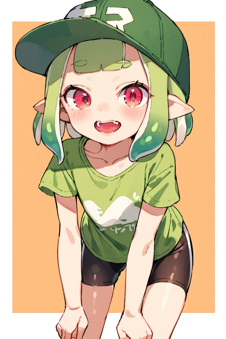 masterpiece, 1girl,solo,looking at viewer,blush,smile,short hair,open mouth,bangs,simple background,shirt,red eyes,hat,standing,short sleeves,cowboy shot,green hair,shorts,pointy ears,blunt bangs,short shorts,leaning forward,fangs,black shorts,border,bike shorts,t-shirt,baseball cap,outside border,tentacle hair,green shirt,orange background,inkling,inkling girl
