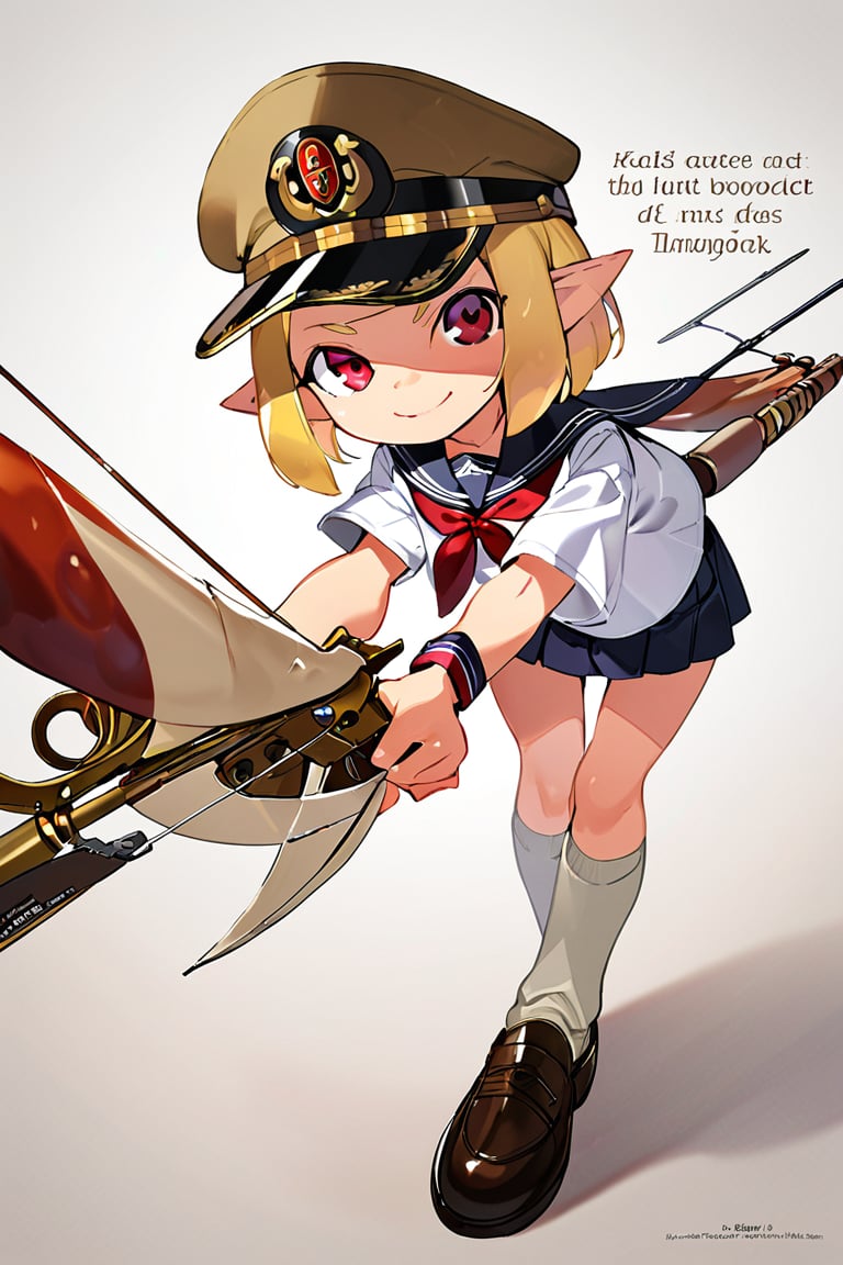 masterpiece, 1girl,solo,looking at viewer,smile,short hair,skirt,blonde hair,simple background,shirt,red eyes,hat,white background,ribbon,holding,closed mouth,standing,full body,white shirt,weapon,short sleeves,shoes,pointy ears,socks,sailor collar,holding weapon,english text,leaning forward,wristband,peaked cap,bow (weapon),military hat,tentacle hair,arrow (projectile),holding bow (weapon),inkling,inkling girl
