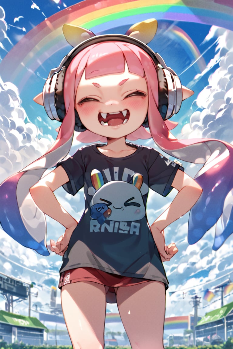 masterpiece, masquerade_mask, 1girl,solo,long hair,smile,open mouth,bangs,shirt,closed eyes,pink hair,short sleeves,cowboy shot,sky,day,cloud,blunt bangs,blue sky,black shirt,^_^,headphones,fangs,t-shirt,clothes writing,hands on hips,tentacle hair,rainbow,inkling,inkling girl
