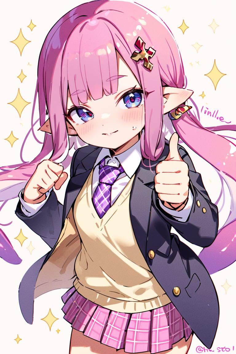 masterpiece, 1girl,solo,long hair,looking at viewer,blush,smile,bangs,skirt,shirt,hair ornament,long sleeves,closed mouth,school uniform,purple eyes,jacket,white shirt,pink hair,purple hair,pleated skirt,open clothes,necktie,pointy ears,collared shirt,artist name,miniskirt,blunt bangs,pink eyes,sweater,open jacket,black jacket,plaid,sparkle,plaid skirt,blazer,pink skirt,sweater vest,tentacle hair,thumbs up,pink necktie,purple necktie,plaid necktie,inkling,inkling girl
