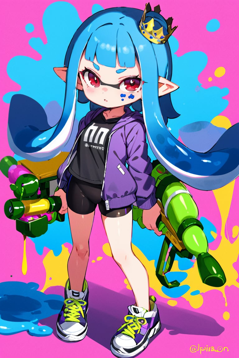 masterpiece, 1girl,solo,long hair,looking at viewer,bangs,skirt,shirt,red eyes,long sleeves,holding,closed mouth,blue hair,standing,jacket,full body,weapon,open clothes,shoes,shorts,pointy ears,artist name,miniskirt,blunt bangs,twitter username,holding weapon,open jacket,black shirt,short shorts,black shorts,crown,bike shorts,sneakers,cross-laced footwear,tentacle hair,purple jacket,shorts under skirt,light frown,paint splatter,single vertical stripe,ink tank (splatoon),inkling,inkling girl
