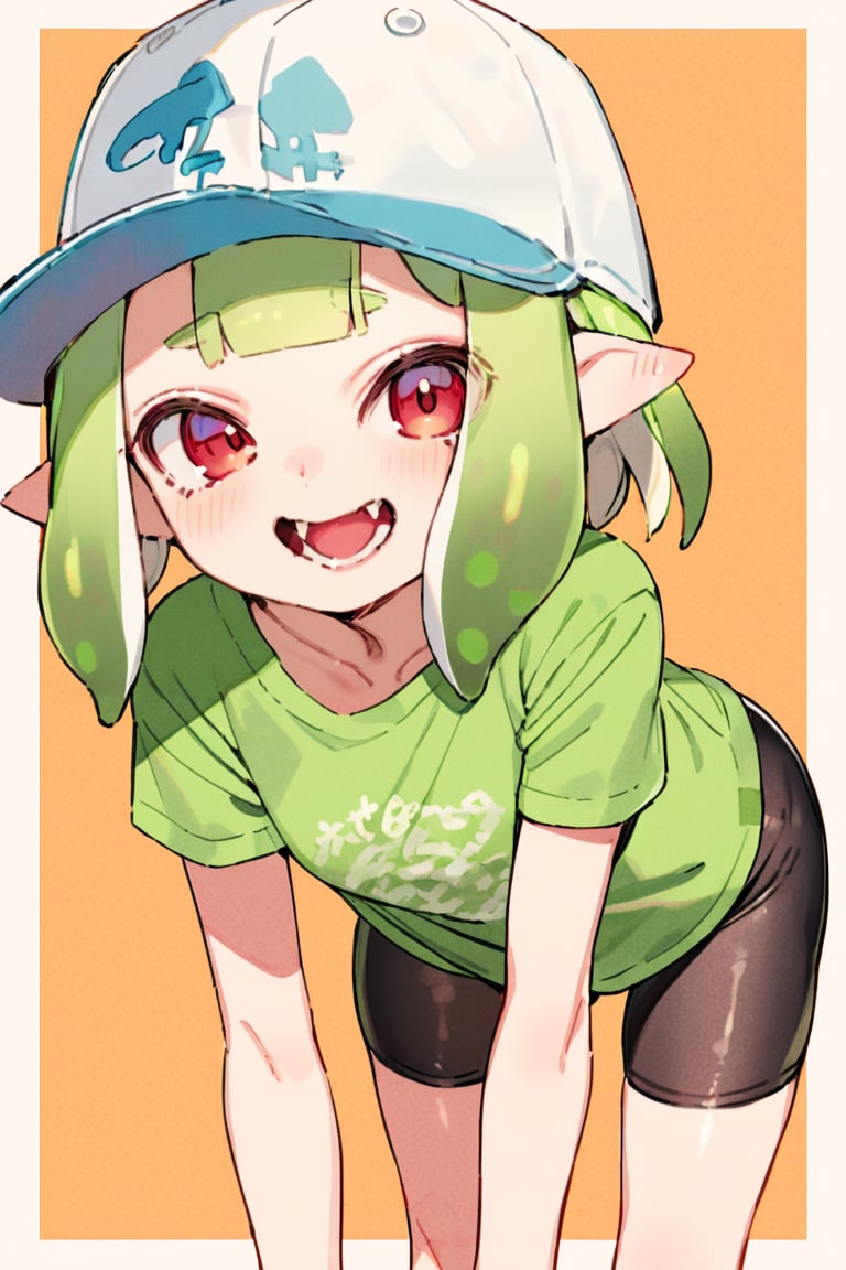 masterpiece, 1girl,solo,looking at viewer,blush,smile,short hair,open mouth,bangs,simple background,shirt,red eyes,hat,standing,short sleeves,cowboy shot,green hair,shorts,pointy ears,blunt bangs,short shorts,leaning forward,fangs,black shorts,border,bike shorts,t-shirt,baseball cap,outside border,tentacle hair,green shirt,orange background,inkling,inkling girl
