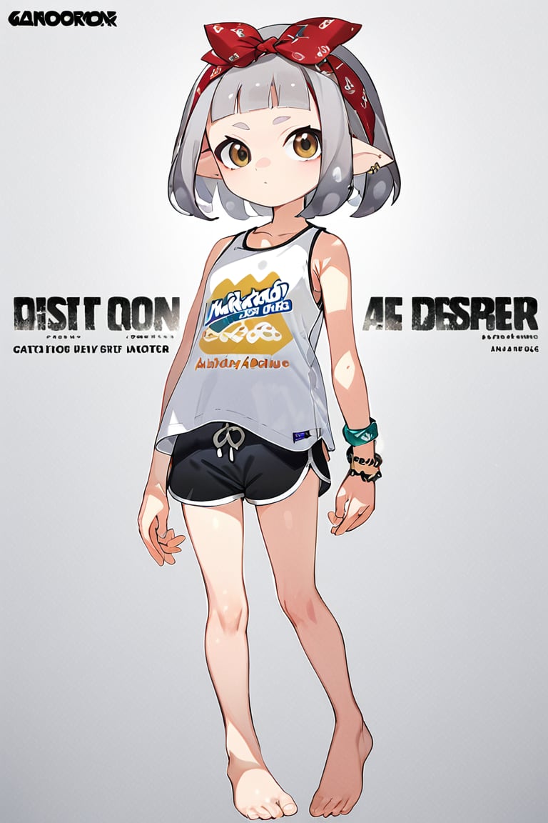 masterpiece, 1girl,solo,looking at viewer,short hair,bangs,simple background,shirt,white background,bow,brown eyes,jewelry,closed mouth,full body,white shirt,hair bow,grey hair,shorts,barefoot,pointy ears,blunt bangs,red bow,bracelet,english text,short shorts,copyright name,black shorts,tank top,wristband,tentacle hair,logo,print shirt,dolphin shorts,inkling,inkling girl
