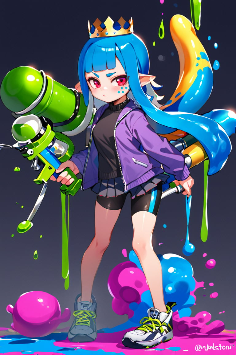 masterpiece, 1girl,solo,long hair,looking at viewer,bangs,skirt,shirt,red eyes,long sleeves,holding,closed mouth,blue hair,standing,jacket,full body,weapon,open clothes,shoes,shorts,pointy ears,artist name,miniskirt,blunt bangs,twitter username,holding weapon,open jacket,black shirt,short shorts,black shorts,crown,bike shorts,sneakers,cross-laced footwear,tentacle hair,purple jacket,shorts under skirt,light frown,paint splatter,single vertical stripe,ink tank (splatoon),inkling,inkling girl
