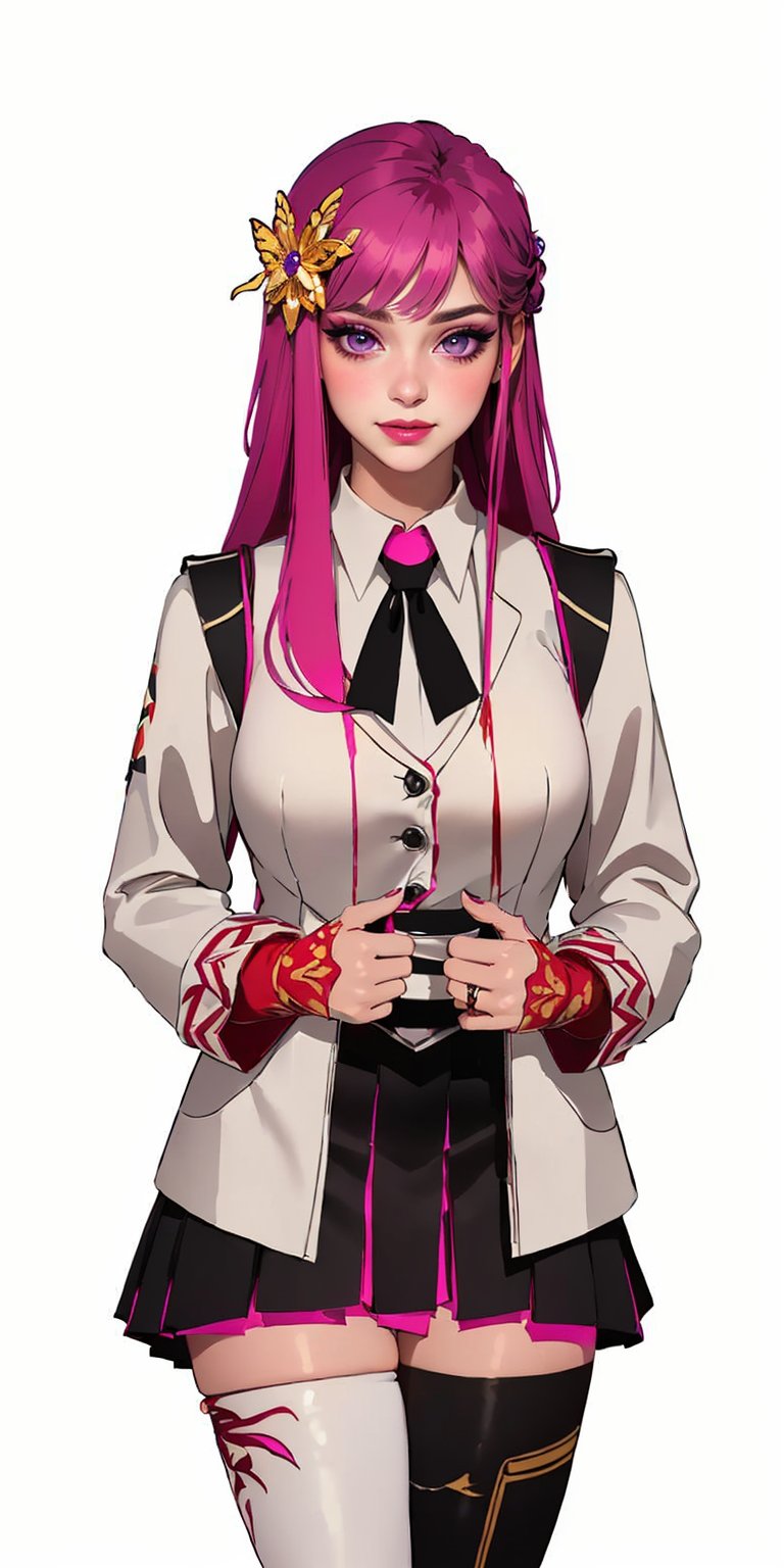 1girl, ((blank background)), vibrant colors, (bangs, long_hair, multicolor_hair, pink_hair, light_purple_hair)), light_purple_eyes, large breasts, ((school uniform, black vest, white jacket with red, white shirt, black tie, long_sleeves, )), ((white background)) , happy_face, smile, jewels, black gloves, fingerless_gloves, Exorcist, black skirt, tribal painting on skirt, ((asymmetrical_thighhigh, uneven_thighhigh:1.5)), shocks, white boots, ((upper_body, head and shoulder portrait,)), hair_ornament, flowers, butterfly, 