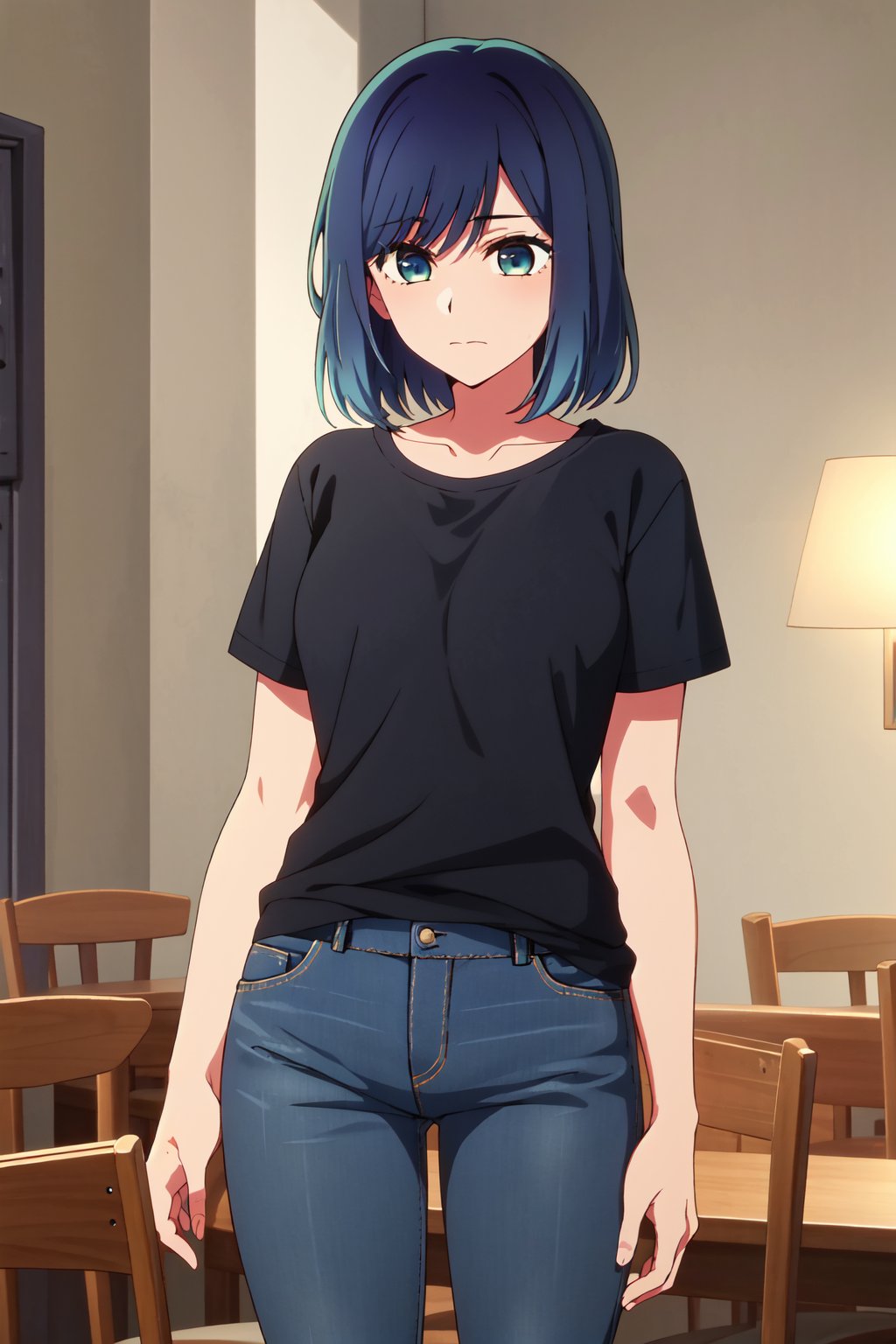 <lora:anime_screencap_v2:0.3> tall body, tall, long legs, mature female, mature, adult, <lora:GoodHands-beta2:1.4>, <lora:eft_oshi_akane:0.8>  eft_oshi_akane, solo, shirt, 1girl, indoors, blue hair, closed mouth, green eyes, medium hair, bangs, short sleeves, chair, looking down, t-shirt, blue eyes, jeans