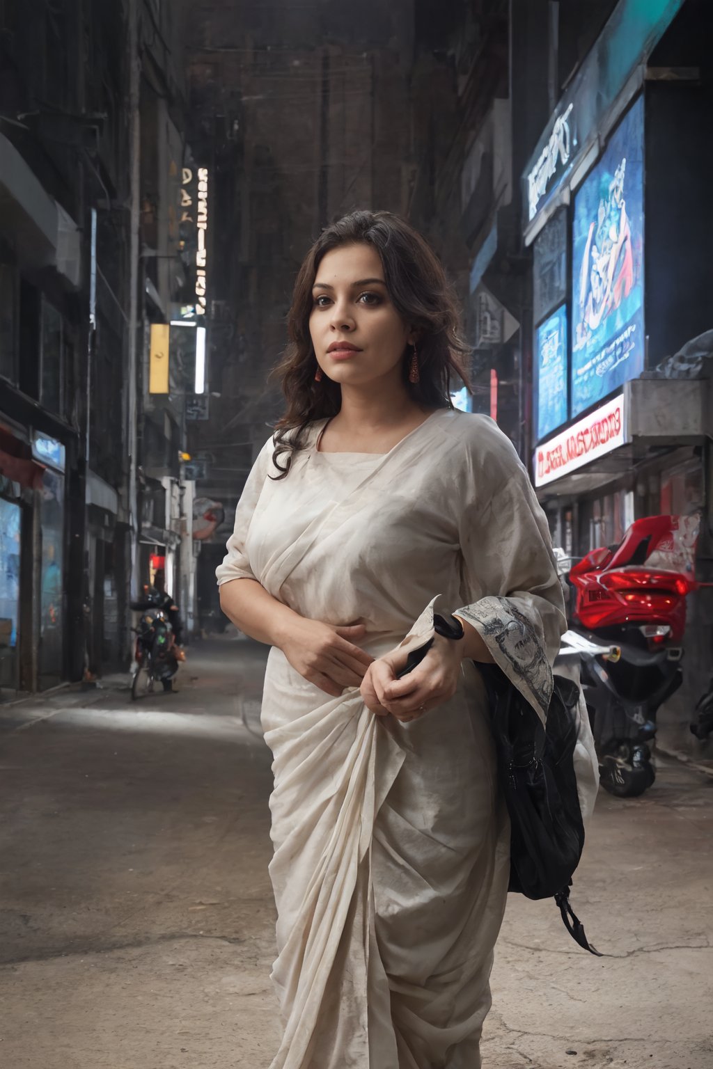  Mallu, Shot on Sony a7iii, 34 yo woman, thick waist, round face, Dreampolis, saree white colour, shot on Sony a7iii, RAW photos, , hyper-detailed digital illustration, cyberpunk, single girl urbun clothes with neon light, glowing dress, Mattel clothes, suit, , in   the street, neon lights, lighting bar,, cyberpunk city, film still, in megapolis, pro-lighting, high-res, masterpiece,photorealistic,1girl,midjourney,photo of perfecteyes eyes