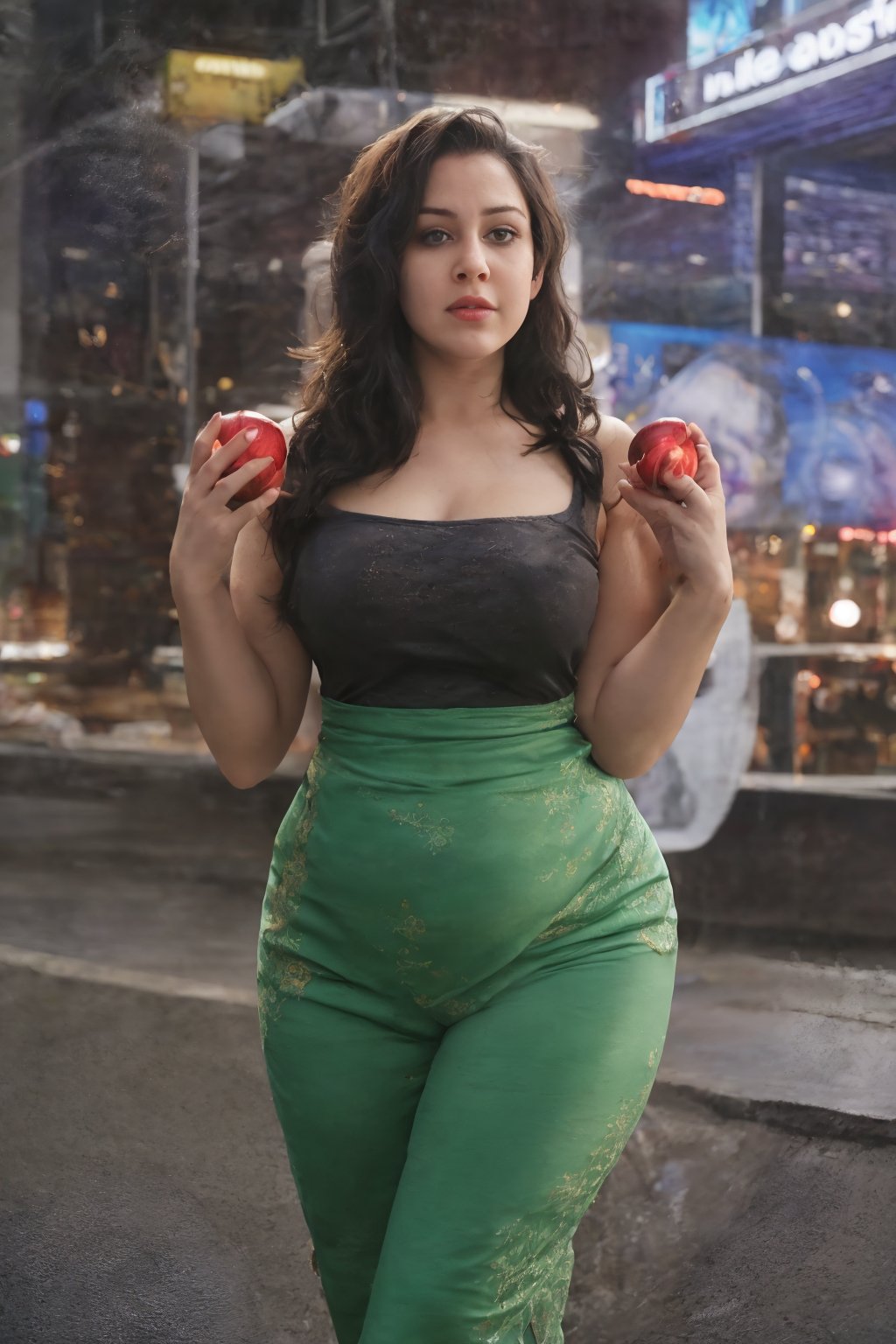  Close up Shot on Sony a7iii, Fujifilm , 36 yo woman, little bit chubby, (((thick waist, round face,  apple ear pods))), Dreampolis, saree green colour,  RAW photos, , hyper-detailed digital illustration, cyberpunk, single girl urbun clothes with neon light, glowing dress, Mattel clothes, suit, , in   the street, neon lights, lighting bar,, cyberpunk city, film still, in megapolis, pro-lighting, high-res, masterpiece,photorealistic,1girl,midjourney,photo of perfecteyes eyes