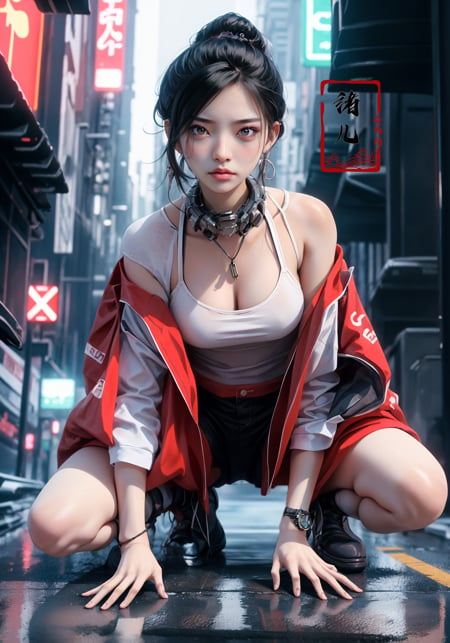 CG masterpiece, 3D Chinese girl, angelic face, techno-cool style, dressed in cyberpunk mixed with Chinese style clothing, crouching on the ground, tense image, dynamic poses, stunning colors, super wide angle lens, 3D rendered headshot, cinematic, photorealistic, OC renderer, super-realistic, (full body:1.5), <lora:prone_20230904184144:0.8>