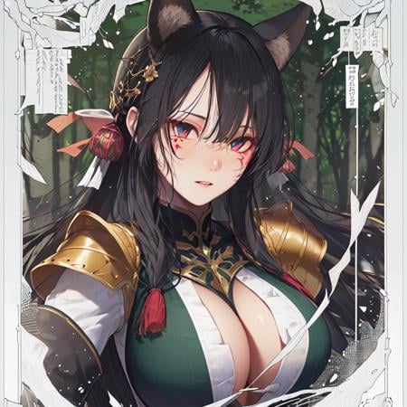 <lora:hlkuangkuang:1>,((masterpiece)), (realistic), (3d face), illustrations, (solo:1.2), (original), (very detailed wallpaper), photographic reality, very detailed illustrations, (super-complex detail), (delicate face), perfect detail features, perfect detail, (super complex details), (best lighting), 1girl, (mid shot:1.3), (mystical:1.1), (powerful stance:1.3), (Eastern:1.2), (intense gaze:1.1), (confident expression), (warrior's spirit), (dual-wielding swords), (form-fitting armor:1.2), (jeweled accents), (enchanted weapons), (glowing tattoos:1.1), (ethereal lighting:1.2), (dreamlike atmosphere), (photorealistic:1.1), (HD rendering), (detailed textures), (fine brush strokes),((lush forest background:1.3)), (massive trees), (tangled vines), (moonlit night:1.1), (glistening dewdrops:1.3), (ancient ruins:1.2),