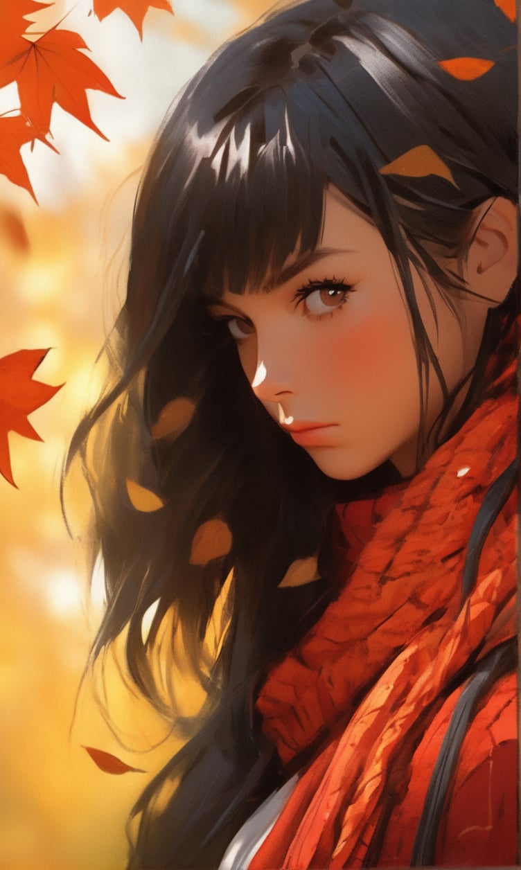 1girl, solo, long hair, looking at viewer, bangs, black hair, brown eyes, closed mouth, upper body, outdoors, scarf, blurry, from side, lips, looking to the side, depth of field, leaf, sunlight, wind, red scarf, nose, autumn leaves, maple leaf, autumn, falling leaves