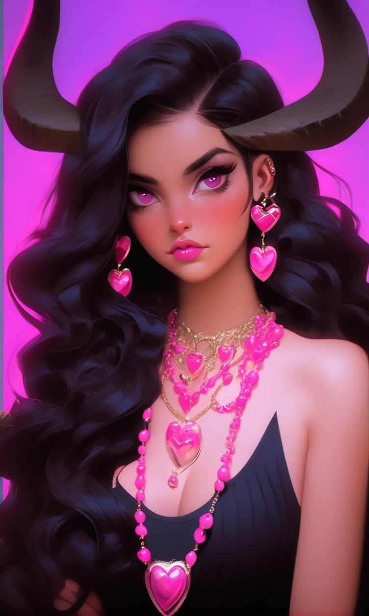 1girl, solo, long hair, looking at viewer, black hair, hair ornament, jewelry, upper body, heart, earrings, horns, pink eyes, necklace, lips, eyelashes, makeup, wavy hair, beads, horn ornament