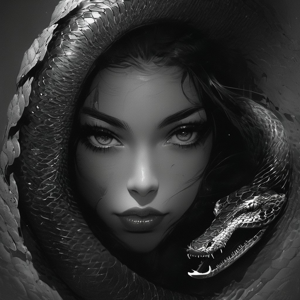 solo, looking at viewer, 1girl, closed mouth, monochrome, greyscale, sexy focus, lips, eyelashes, scar, portrait, light particles, one eye covered, snake around 