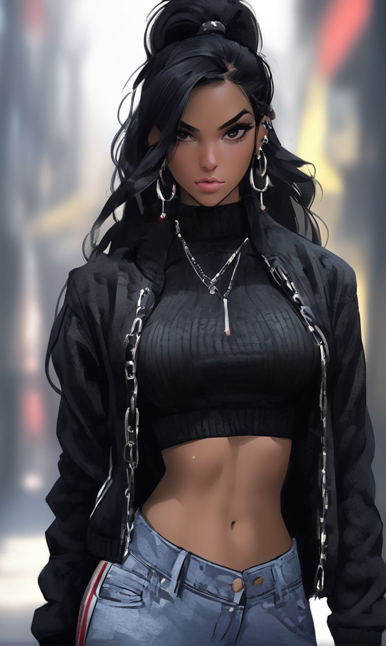 1girl, solo, long hair, breasts, looking at viewer, black hair, long sleeves, navel, jewelry, standing, jacket, ponytail, multicolored hair, cowboy shot, earrings, open clothes, solo focus, midriff, pants, artist name, blurry, open jacket, lips, crop top, grey eyes, blurry background, turtleneck, chain, black pants, piercing, red jacket, cropped jacket, hoop earrings, realistic, hip vent, cropped sweater