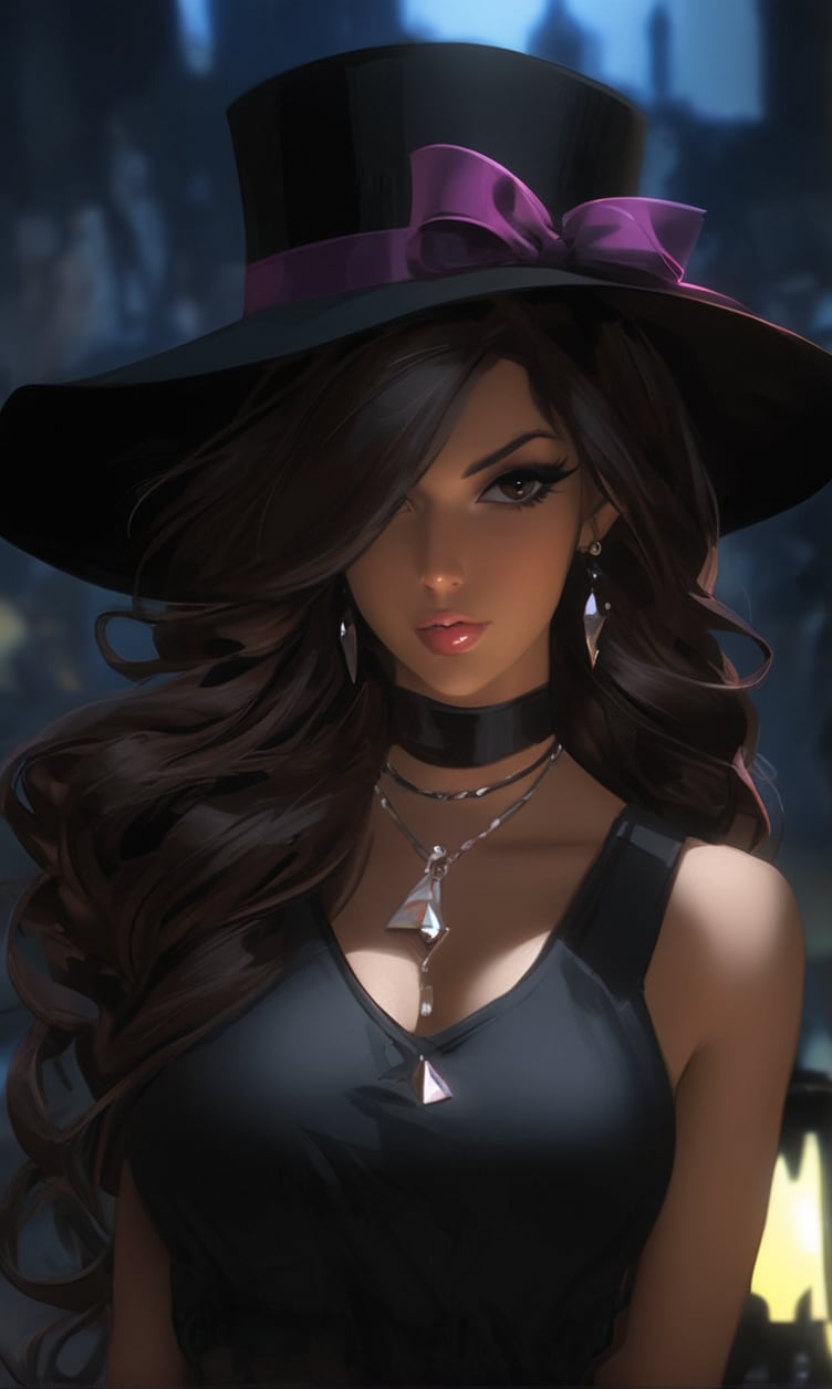 1girl, long hair, breasts, looking at viewer, brown hair, black hair, gloves, hat, bow, cleavage, bare shoulders, jewelry, medium breasts, underwear, earrings, multiple boys, sleeveless, solo focus, choker, black gloves, pants, artist name, necklace, hair over one eye, blurry, vest, lips, black headwear, night, blurry background, black pants, hat bow, pendant, top hat