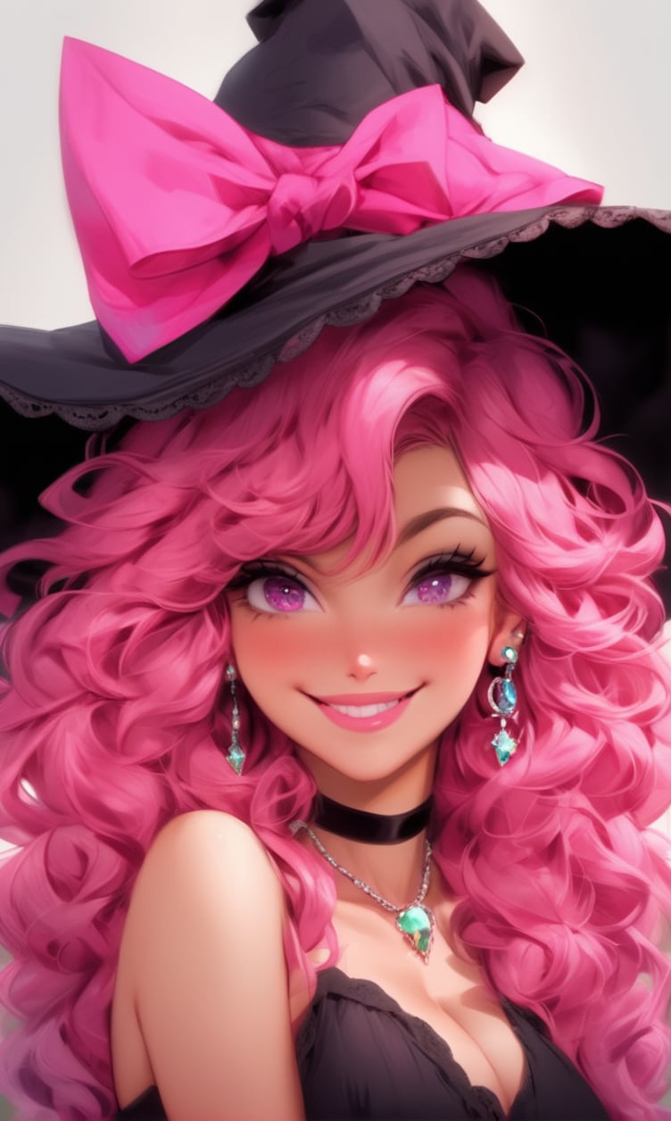 1girl, solo, long hair, breasts, looking at viewer, blush, smile, bangs, hat, bow, cleavage, bare shoulders, jewelry, medium breasts, closed mouth, collarbone, upper body, pink hair, grey hair, multicolored hair, earrings, detached sleeves, pink eyes, necklace, bra, mole, lips, eyelashes, mole under eye, black headwear, gradient hair, makeup, witch hat, wavy hair, sunlight, pink bow, gem, lace trim, lace, curly hair, pink lips, witch, mascara