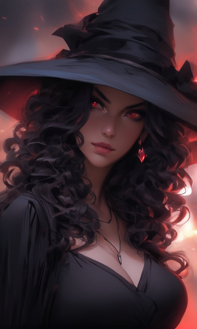 1girl, solo, long hair, breasts, looking at viewer, bangs, black hair, red eyes, hat, dress, jewelry, medium breasts, closed mouth, upper body, earrings, cape, hair over one eye, blurry, black dress, from side, lips, looking to the side, black headwear, witch hat, blurry background, glowing, curly hair, witch