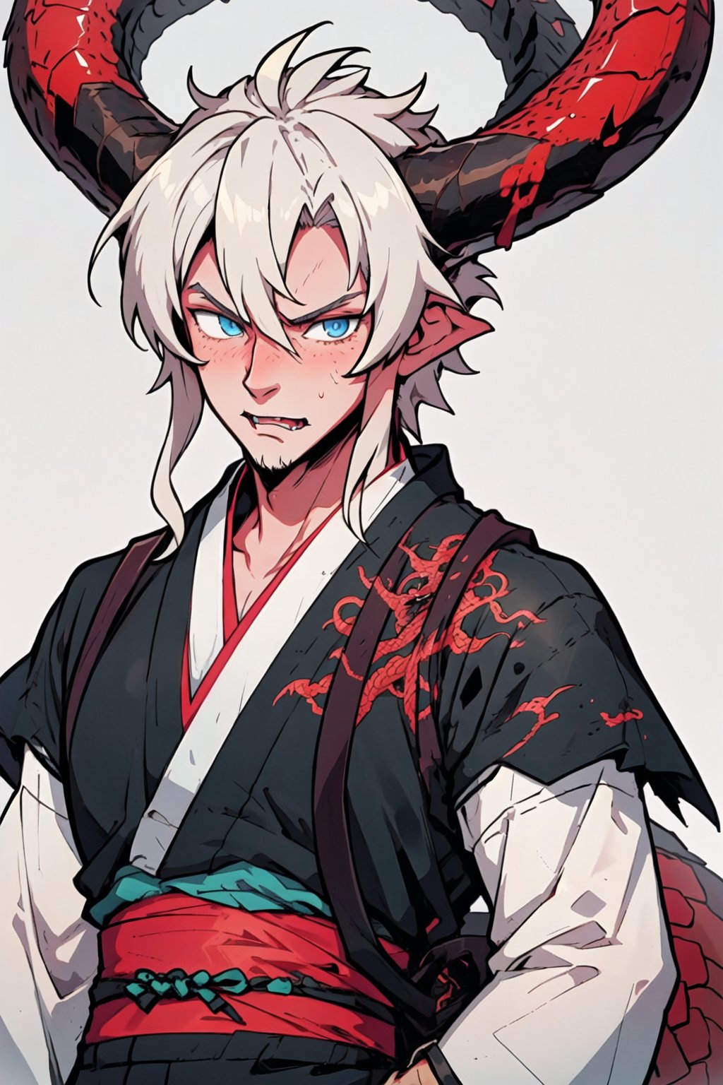 Hanfu_Dragon_Boy,1male, very short white hair, bags, blue eyes, Dragon horns, handsome ,Dragon ,Scary 