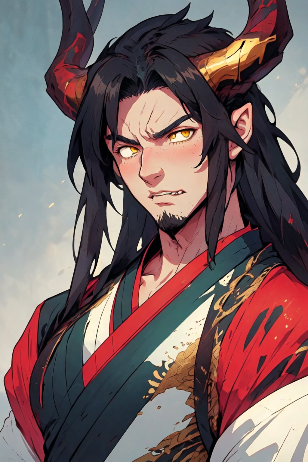 Hanfu_Dragon_Boy,1male, very long black hair, bags, gold yellow eyes, Dragon horns, handsome ,Dragon ,Scary 